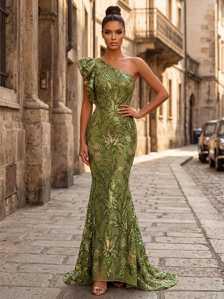 Sequin Floral Mermaid One Shoulder Ruffles Ruched Evening Dresses