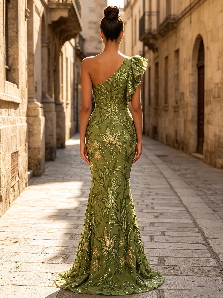 Sequin Floral Mermaid One Shoulder Ruffles Ruched Evening Dresses