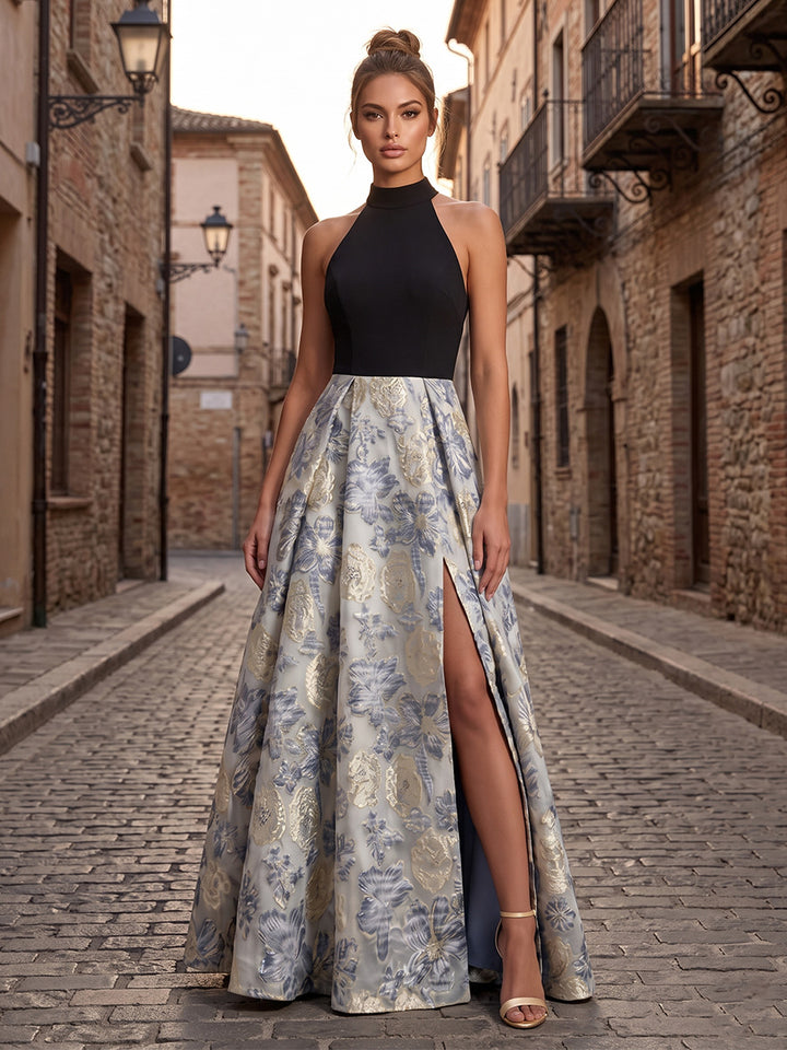 Jacquard A Line Halter Side Slit Ruched Evening Dresses