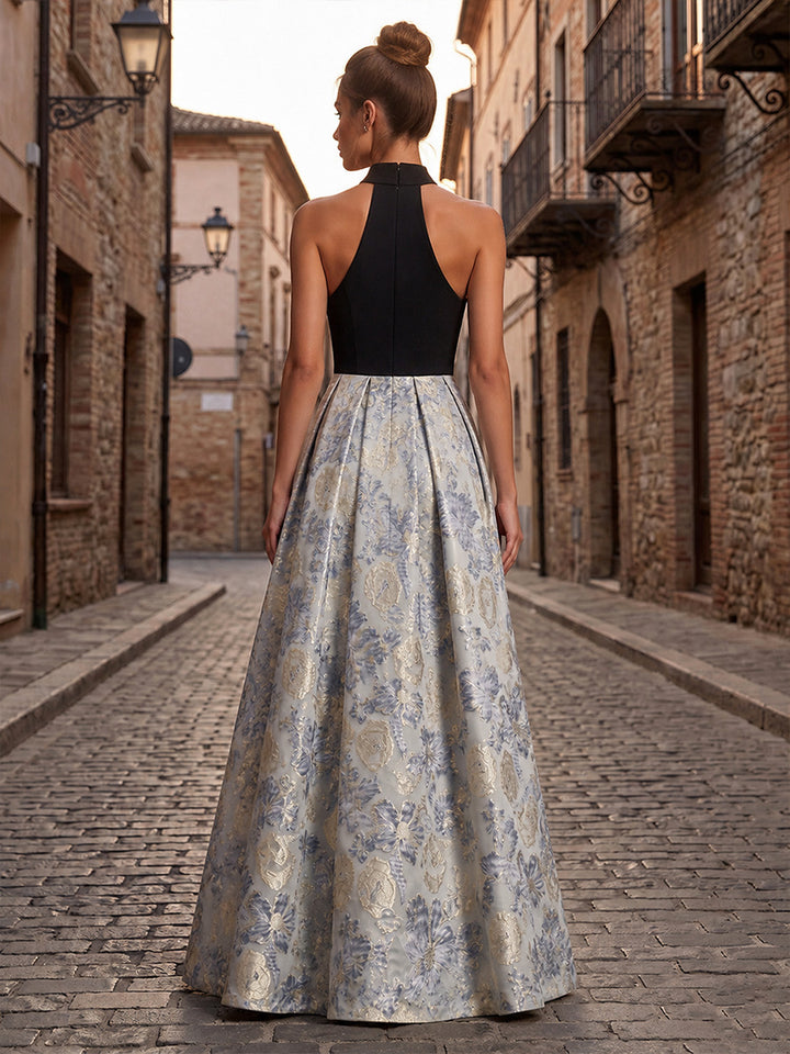 Jacquard A Line Halter Side Slit Ruched Evening Dresses