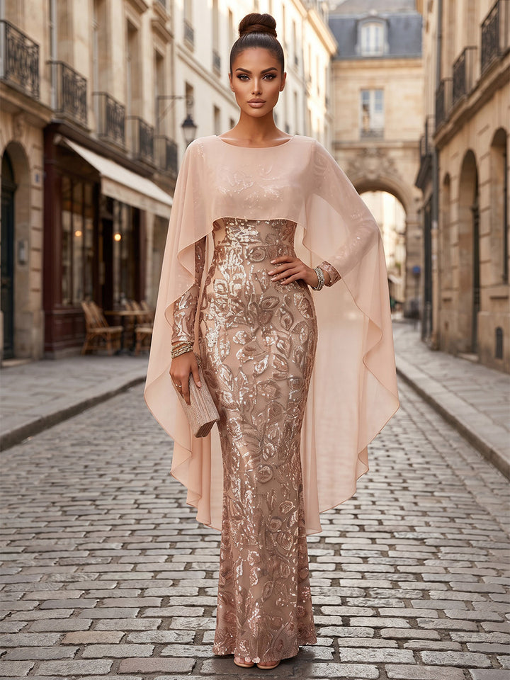 Sequin Floral Mermaid Scoop Neck Cape Ruched Evening Dresses