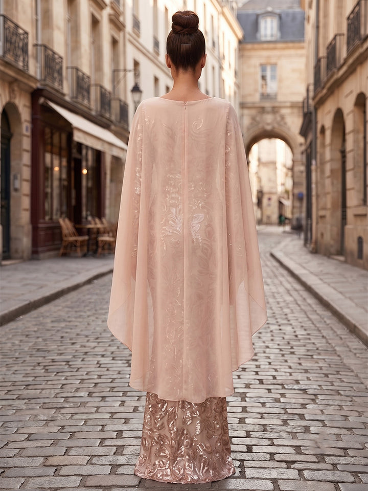Sequin Floral Mermaid Scoop Neck Cape Ruched Evening Dresses