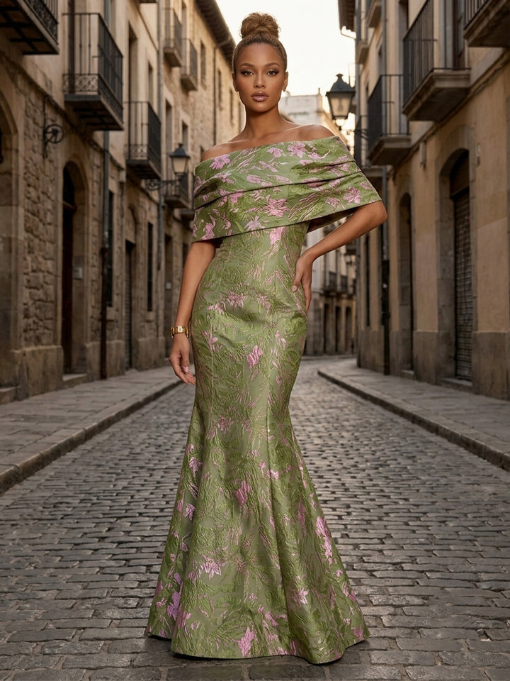 Jacquard Mermaid Off the Shoulder Ruched elegent Evening Dresses