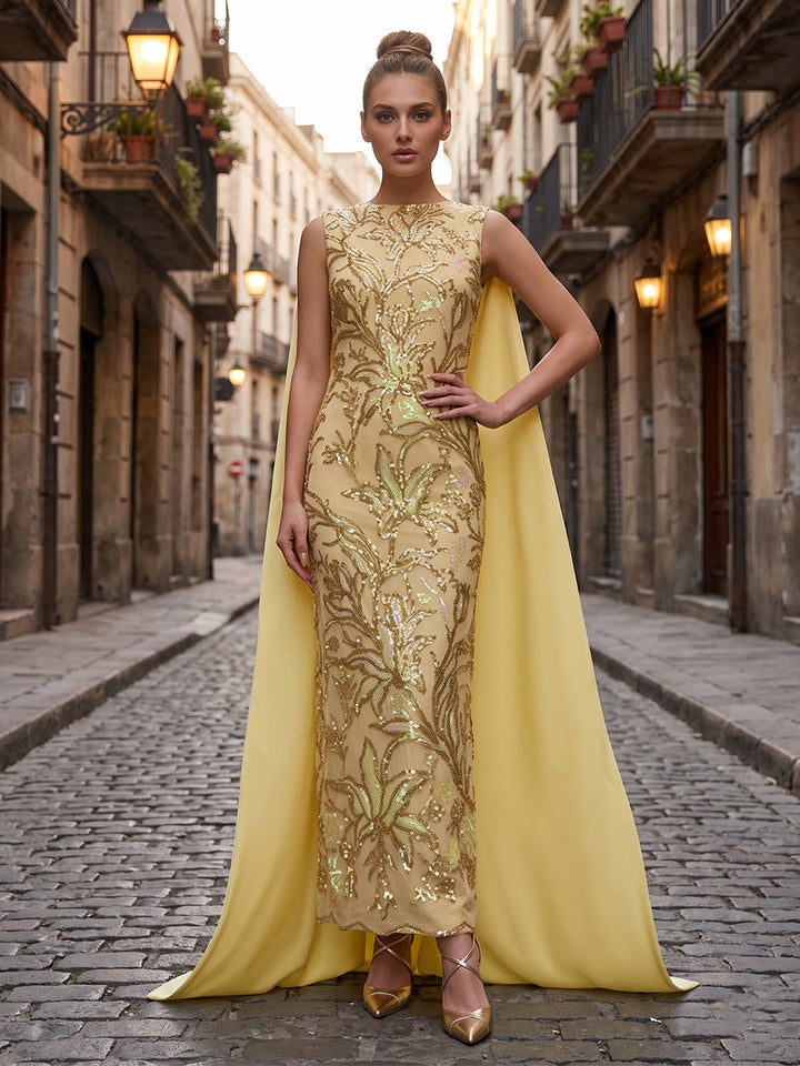 Sequin Floral Sheath Scoop Neck Cape elegent Evening Dresses