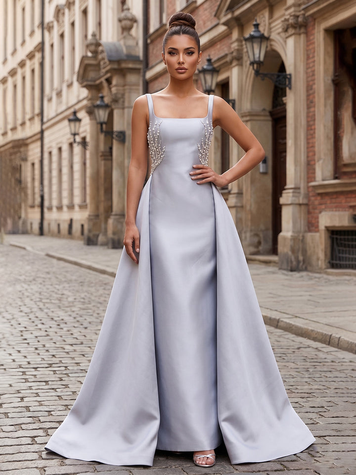 Satin A Line Square Neck Pearl Ruched Evening Dresses
