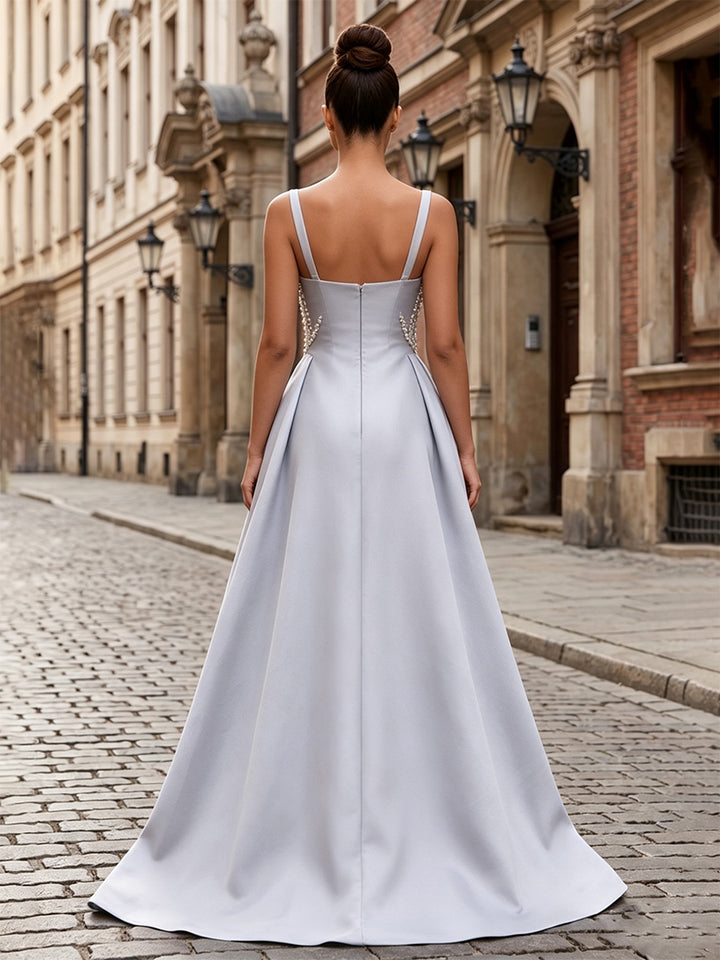 Satin A Line Square Neck Pearl Ruched Evening Dresses