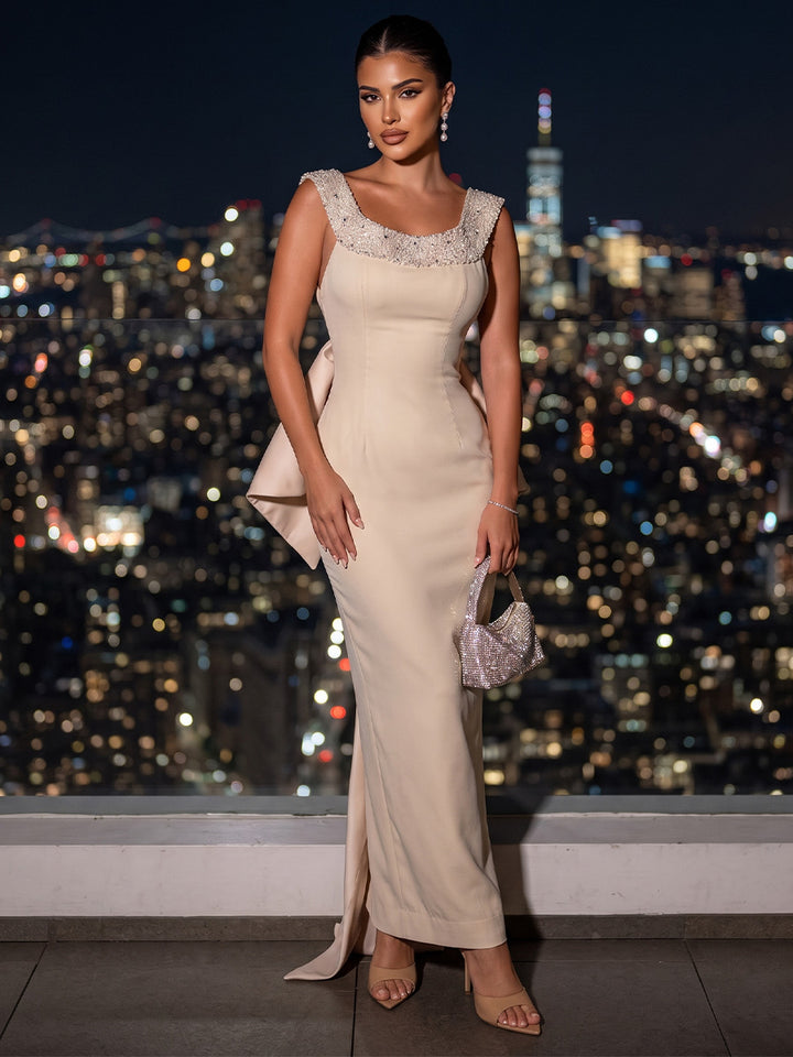 Satin Mermaid Scoop Neck Sequin Ruched Evening Dresses