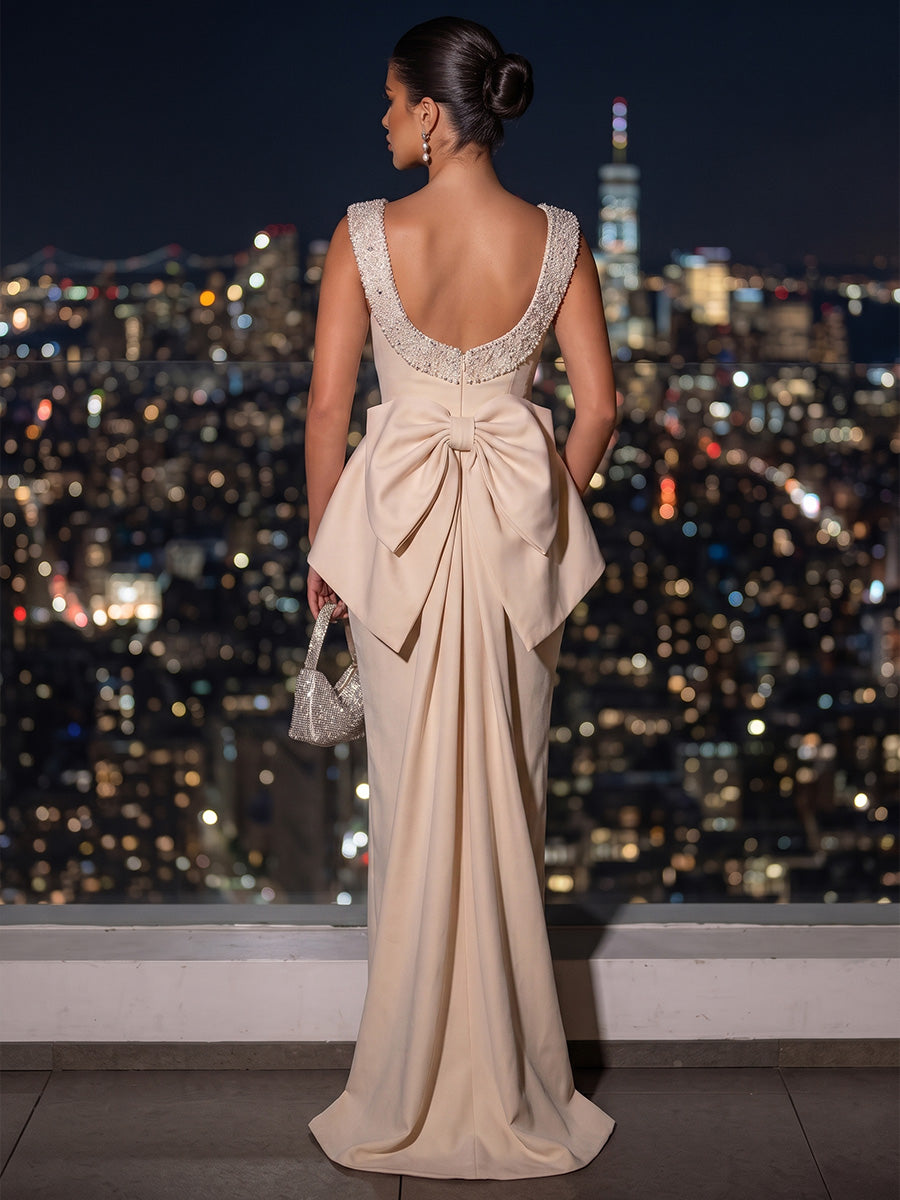Satin Mermaid Scoop Neck Sequin Ruched Evening Dresses
