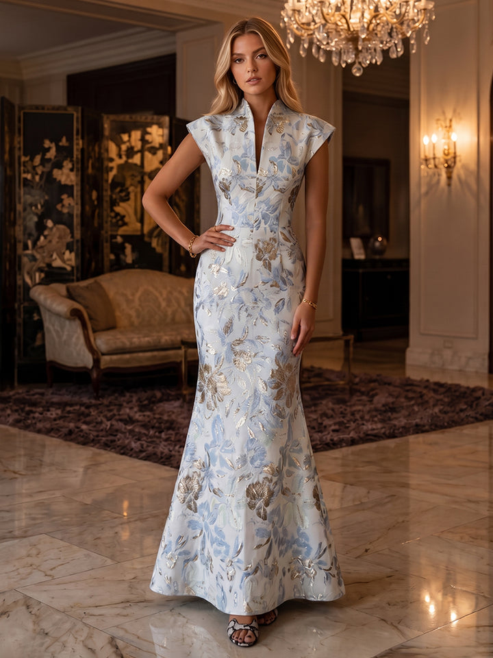 Jacquard Mermaid V Neck Ruched elegent Evening Dresses for Women