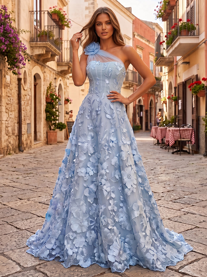 Embroidery A Line One Shoulder 3D Flowers Ruched Evening Dresses