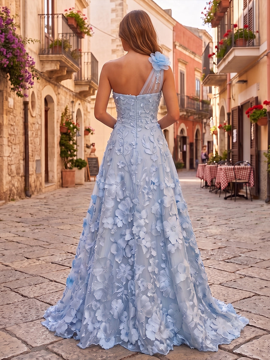 Embroidery A Line One Shoulder 3D Flowers Ruched Evening Dresses