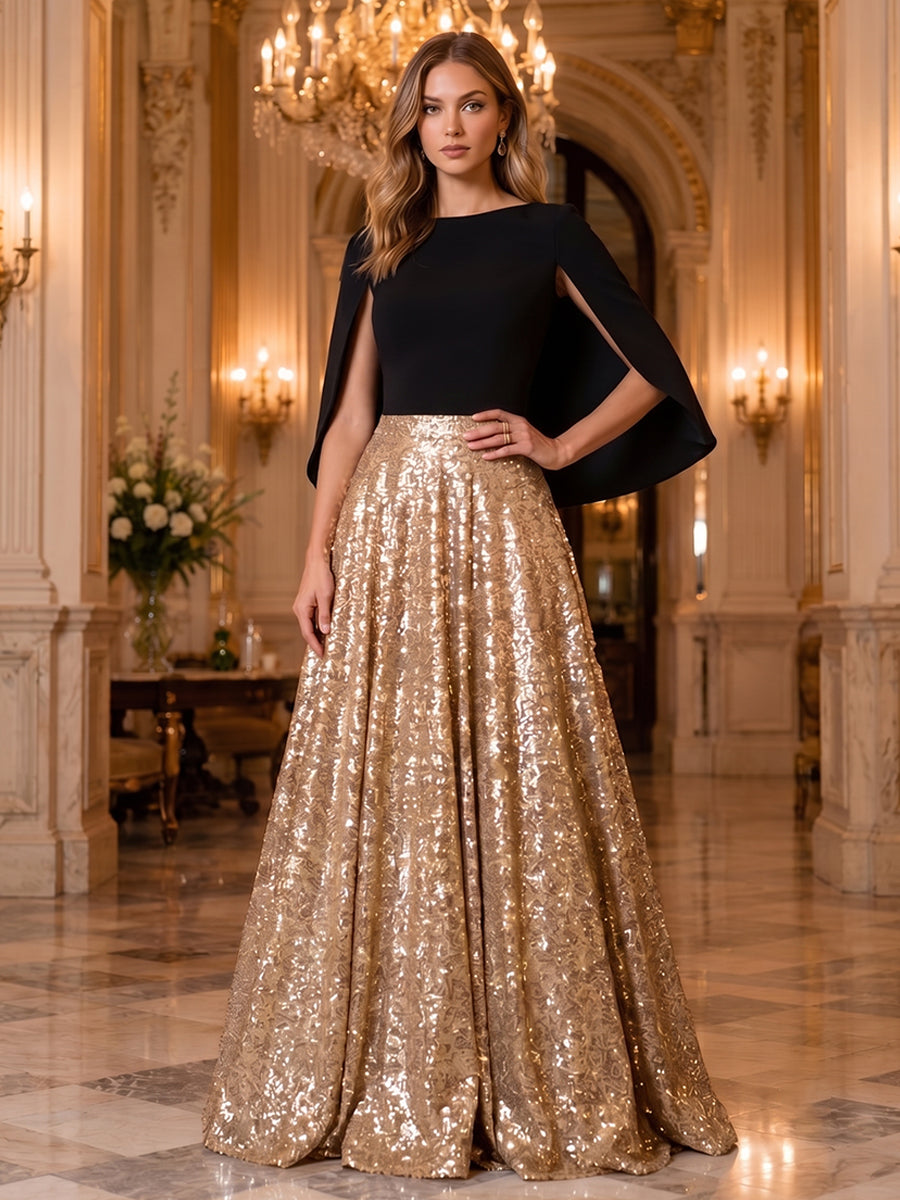 Sequin A Line Scoop Neck Cape Ruched Evening Dresses
