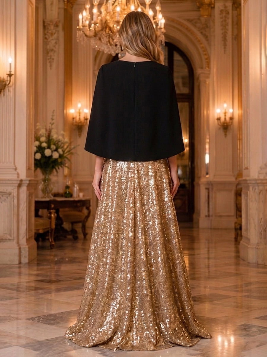 Sequin A Line Scoop Neck Cape Ruched Evening Dresses