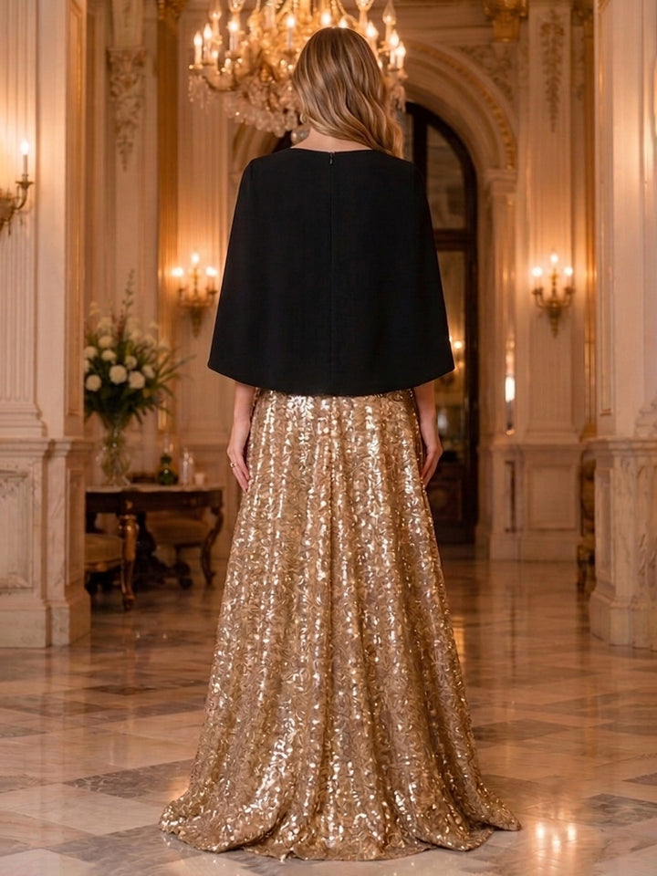 Sequin A Line Scoop Neck Cape Ruched Evening Dresses