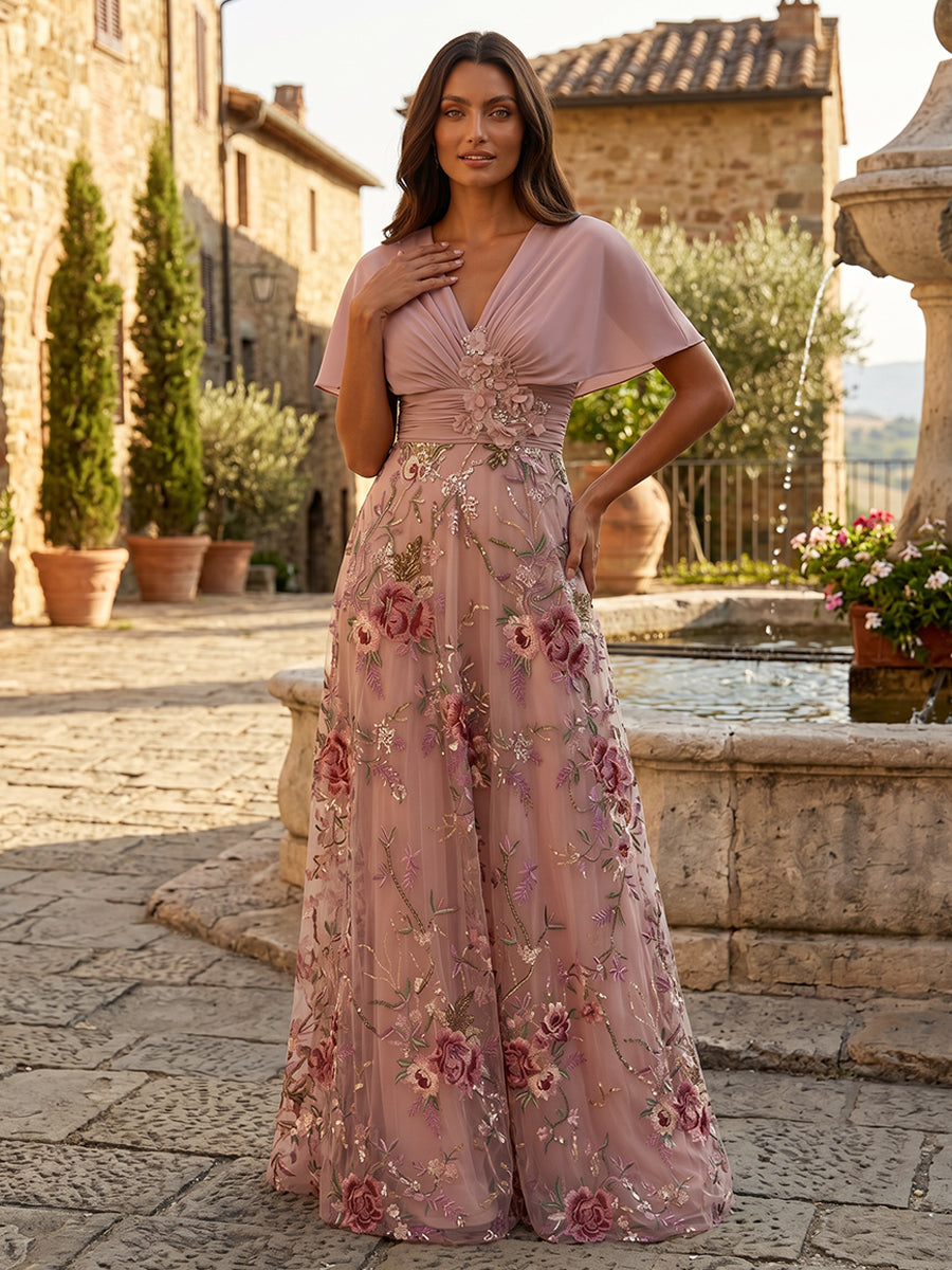 Sequin Floral A Line V Neck Cape Ruched Evening Dresses
