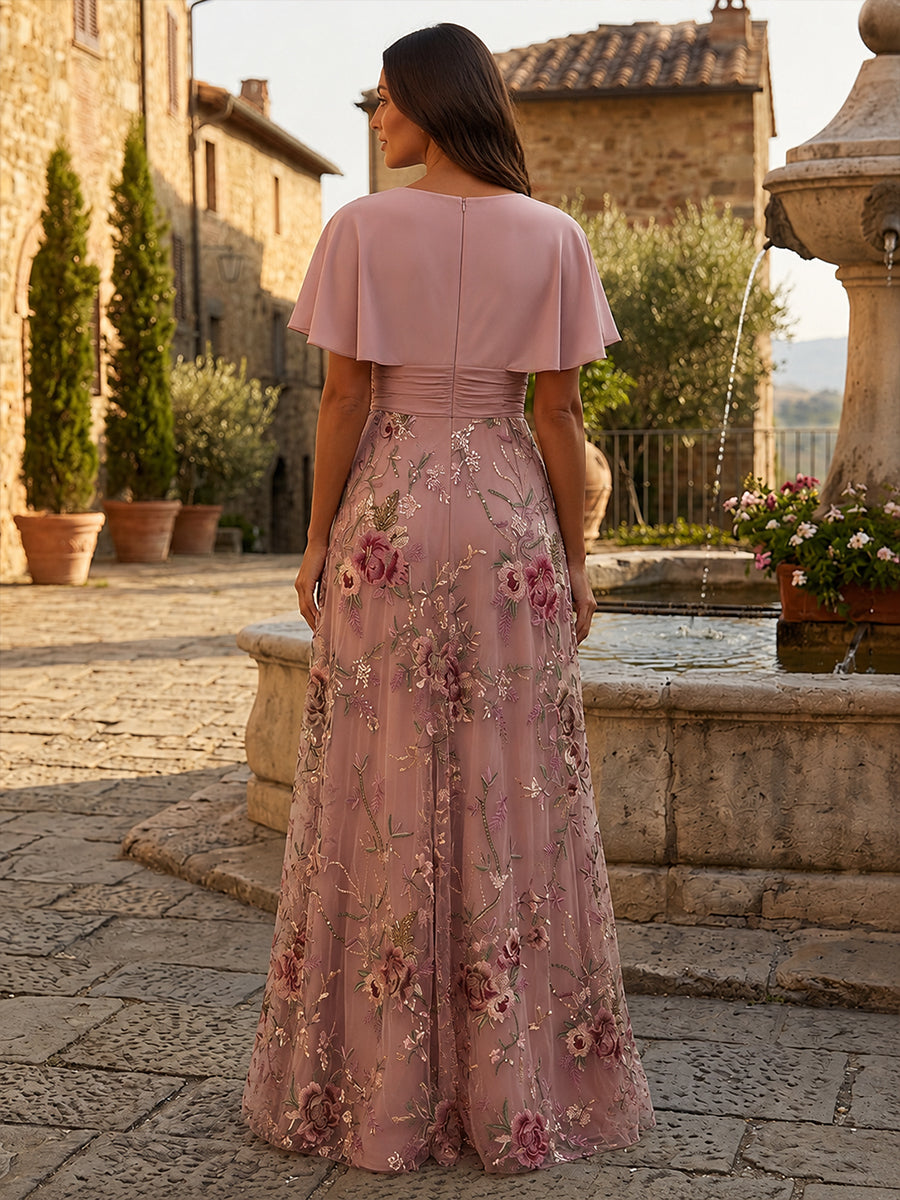 Sequin Floral A Line V Neck Cape Ruched Evening Dresses