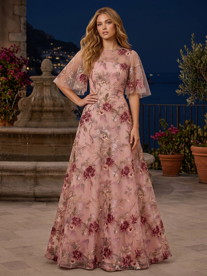 Sequin Floral A Line Scoop Neck Ruched elegent Evening Dresses