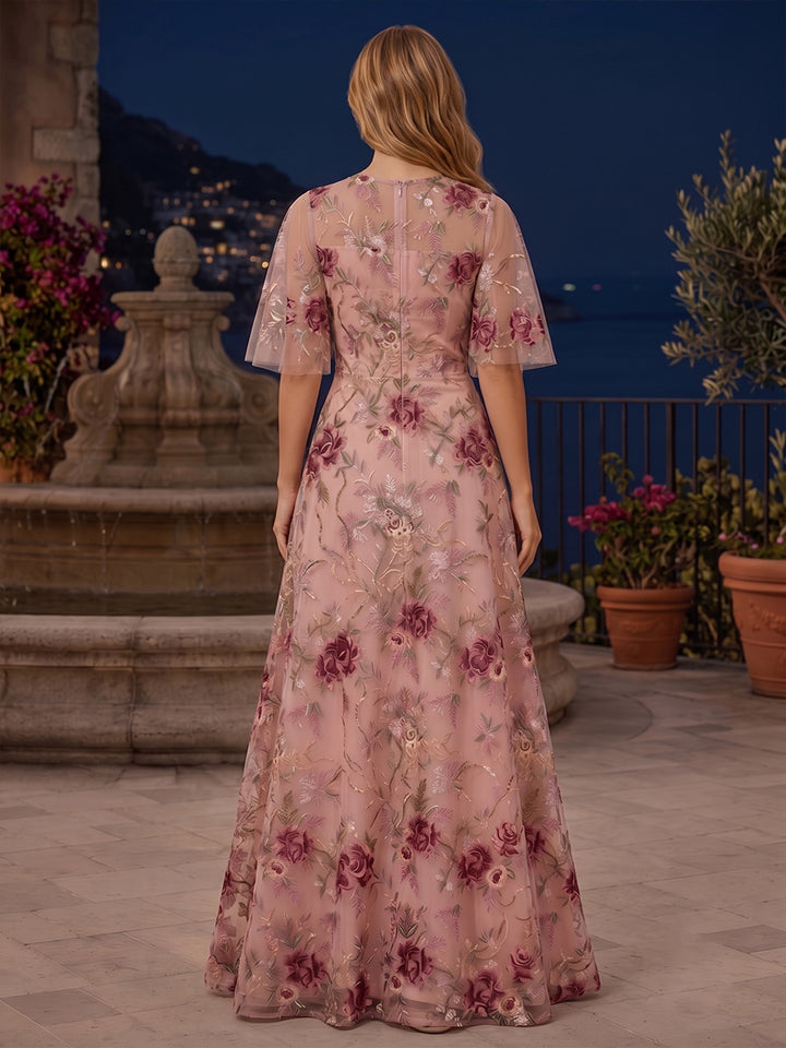 Sequin Floral A Line Scoop Neck Ruched elegent Evening Dresses