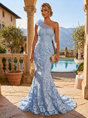 Embroidery Mermaid One Shoulder 3D Flowers Ruched Evening Dresses