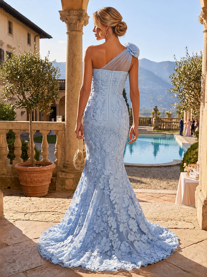 Embroidery Mermaid One Shoulder 3D Flowers Ruched Evening Dresses