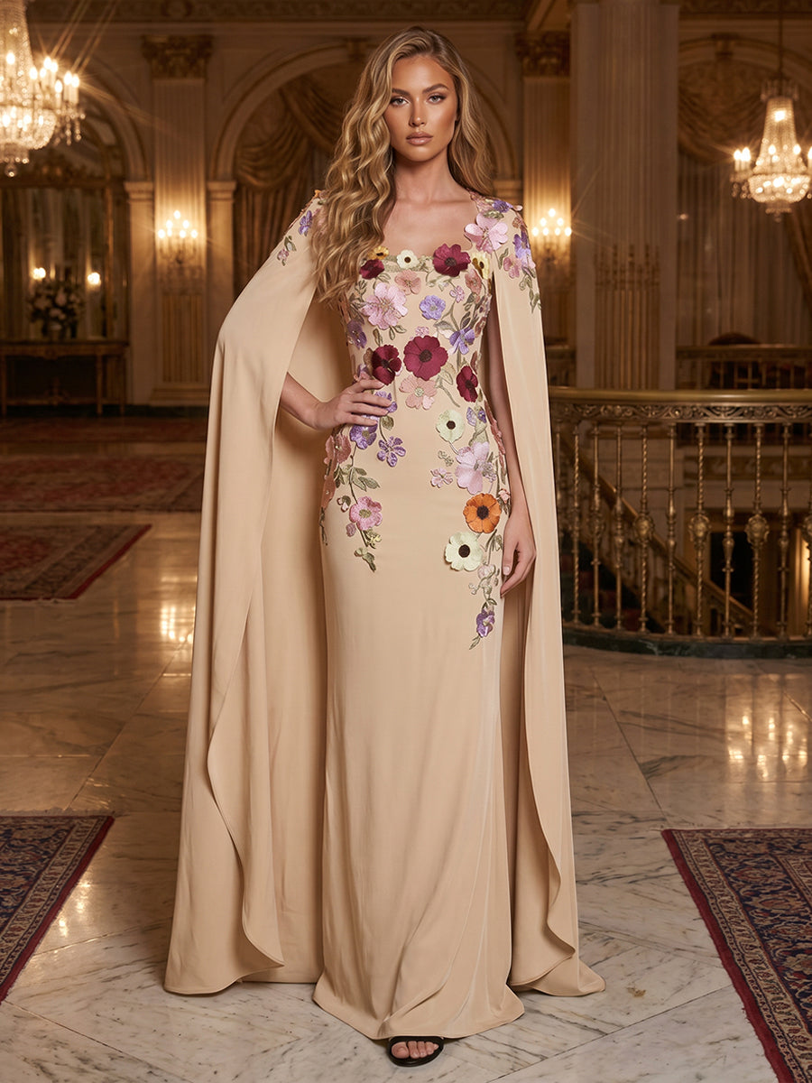 Chiffon Sheath Square Neck Cape Ruched Evening Dresses