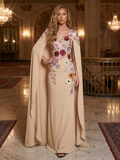 Chiffon Sheath Square Neck Cape Ruched Evening Dresses