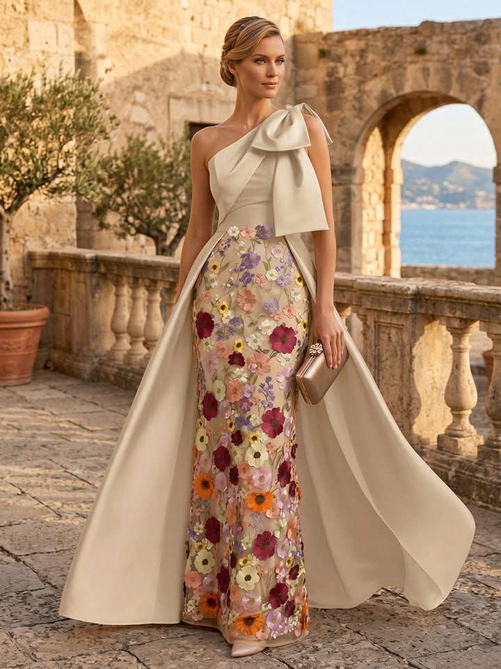 Embroidery A Line One Shoulder Bow Ruched Evening Dresses