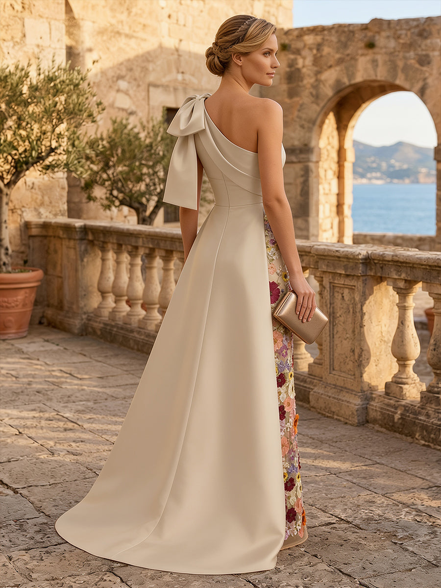 Embroidery A Line One Shoulder Bow Ruched Evening Dresses