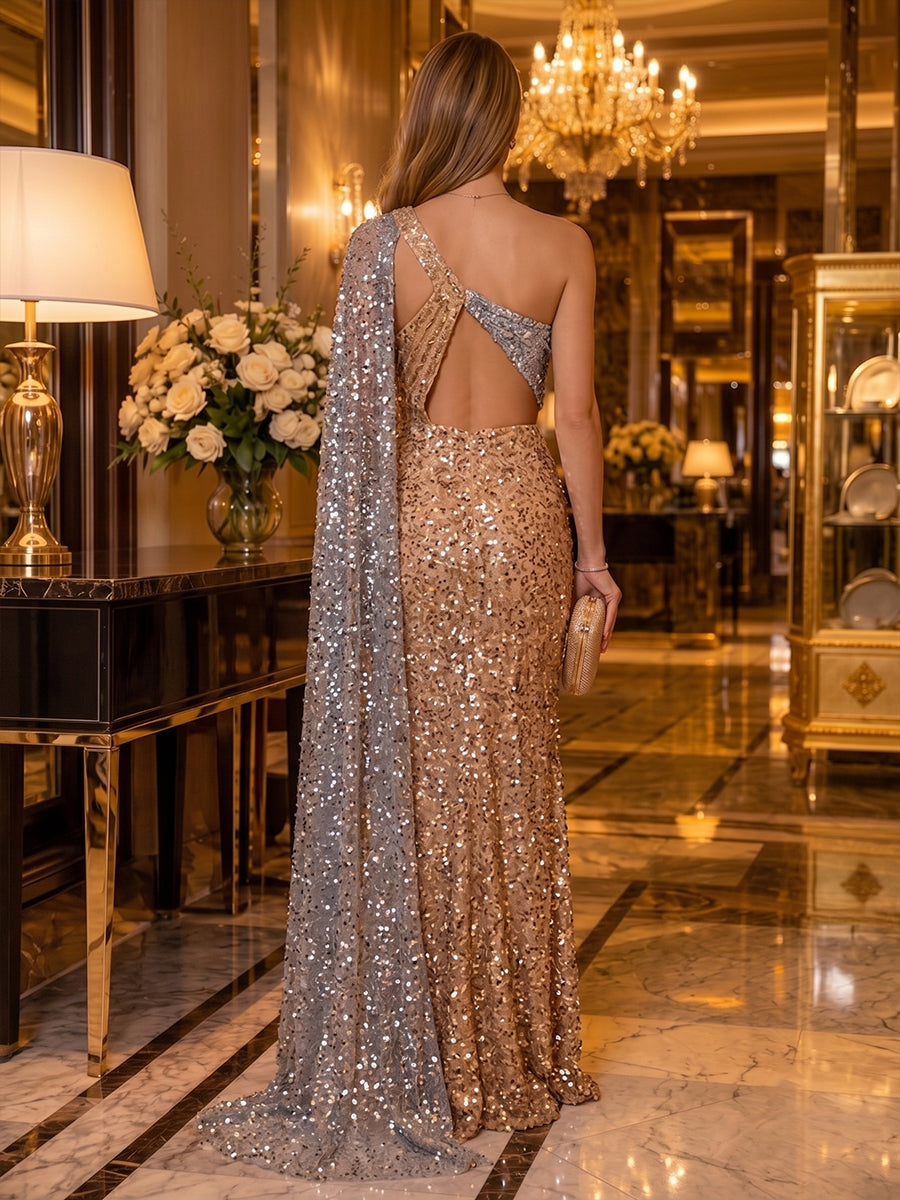 Sequin Sheath One Shoulder Sash Ruched Evening Dresses