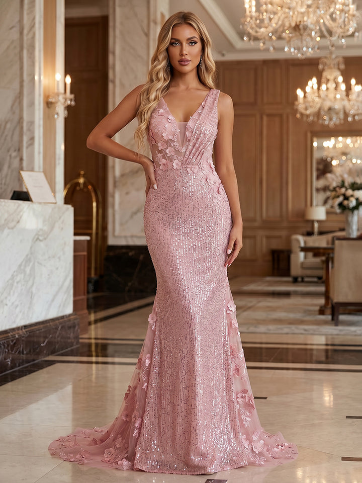 Sequin Mermaid V Neck 3D Flowers Ruched Evening Dresses