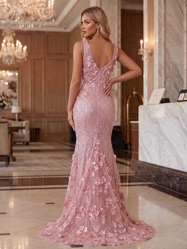 Sequin Mermaid V Neck 3D Flowers Ruched Evening Dresses