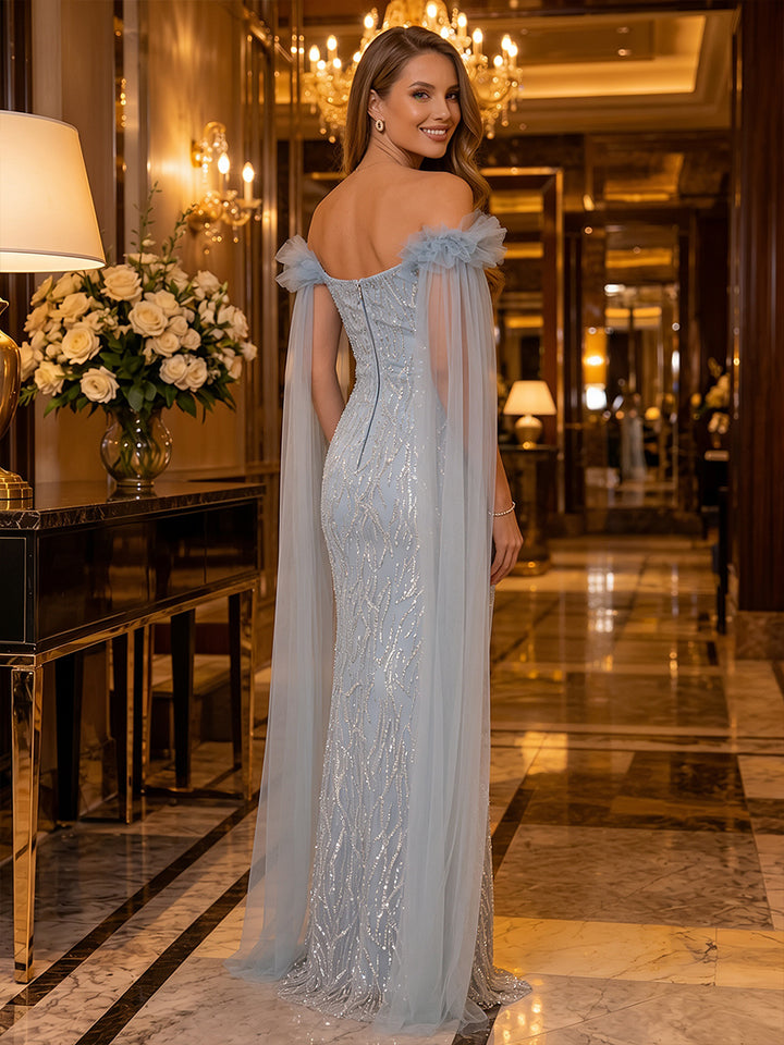 Sequin Mermaid Off the Shoulder Sash Layered Evening Dresses