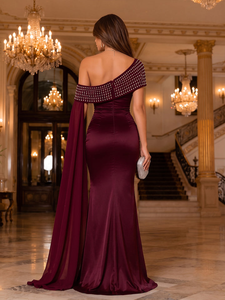 Satin Mermaid Off the Shoulder Sequin Side Slit Evening Dresses