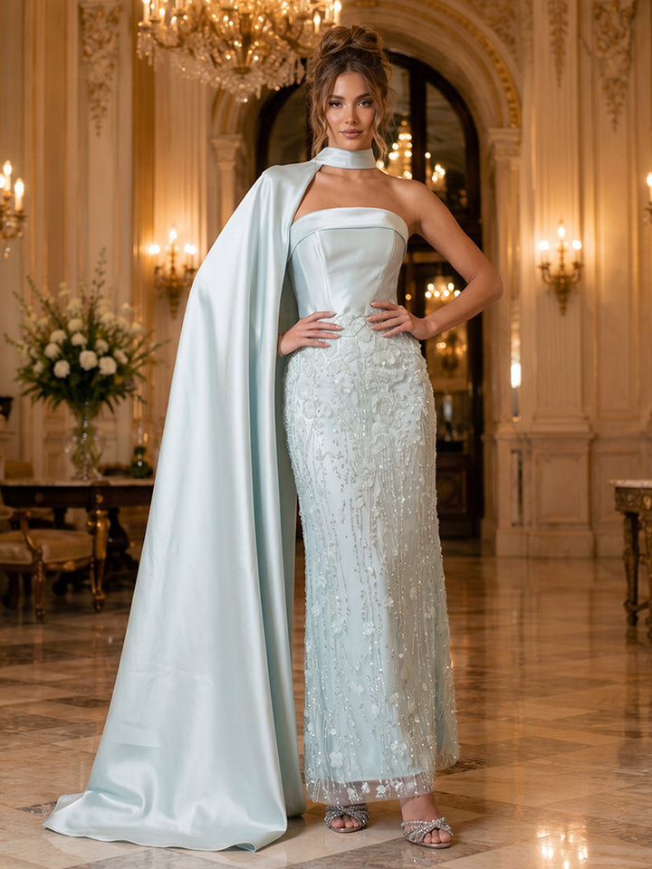 Satin Sheath Strapless Sequin Ruched Evening Dresses
