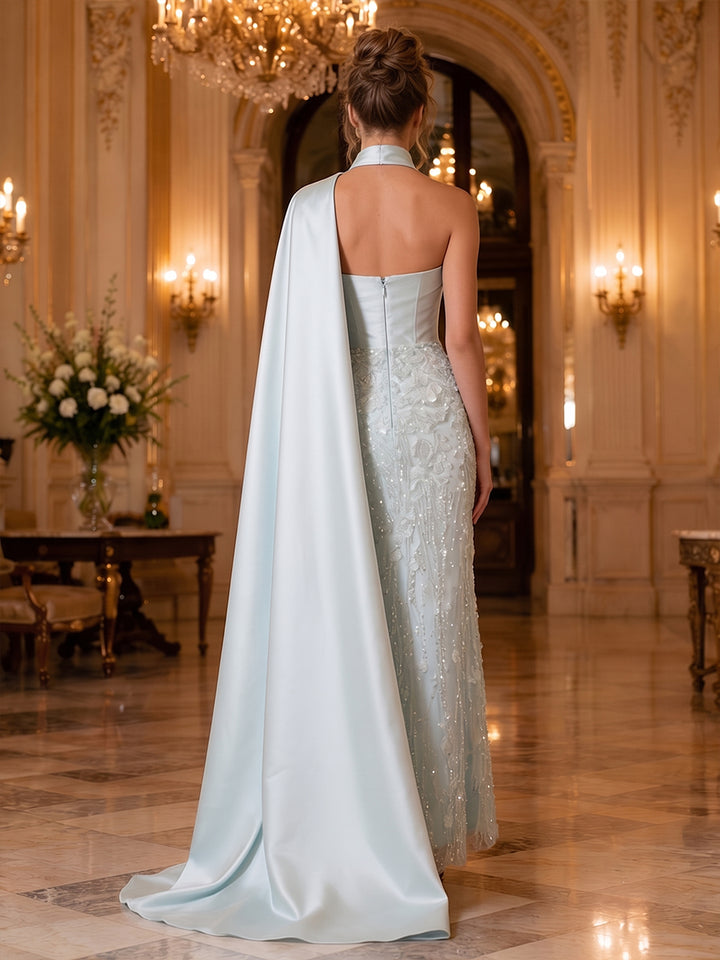 Satin Sheath Strapless Sequin Ruched Evening Dresses