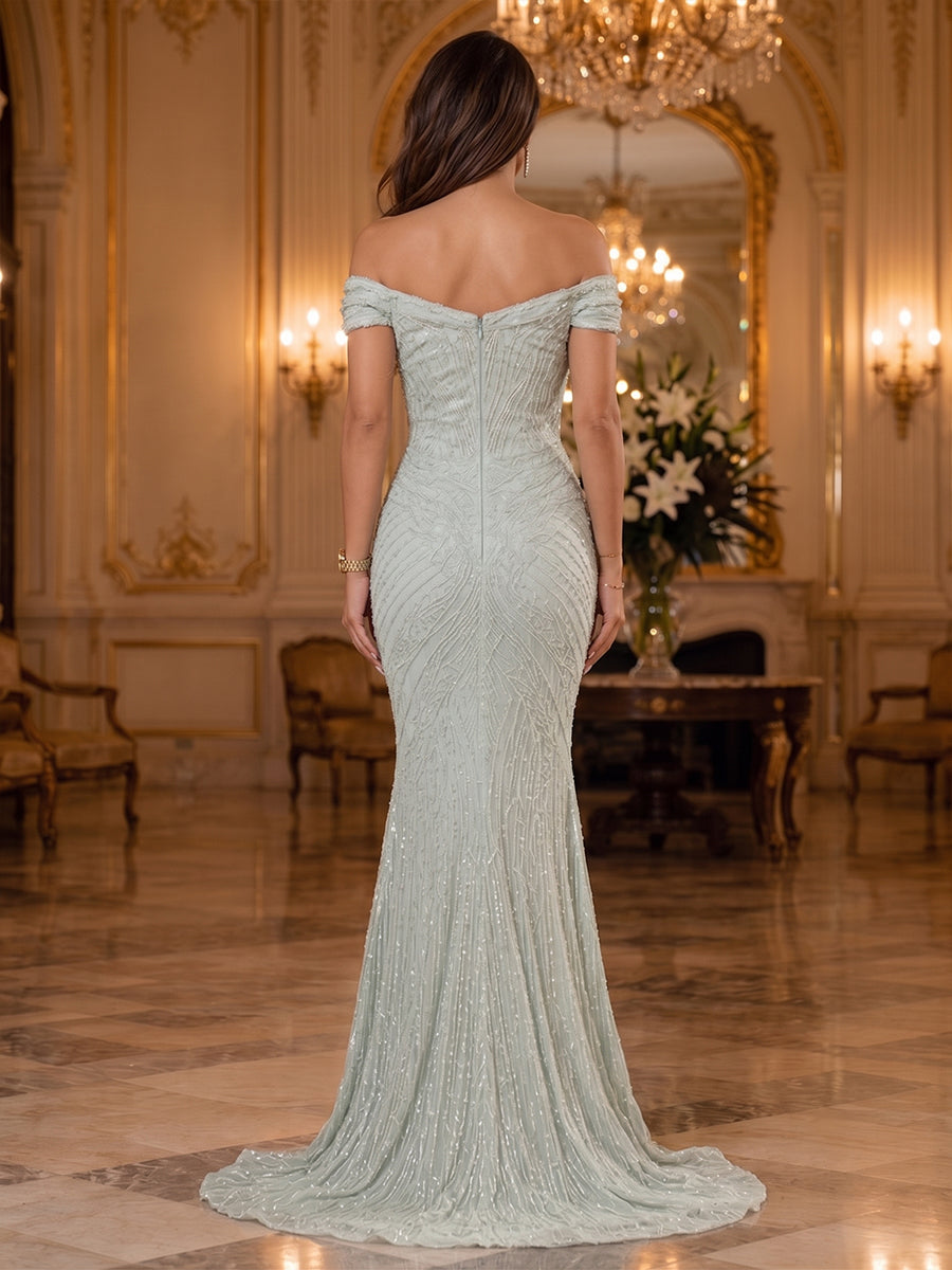Sequin Mermaid Off the Shoulder Cut Out Ruched Evening Dresses