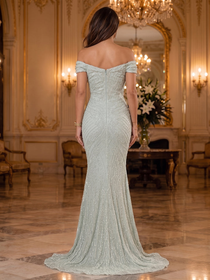 Sequin Mermaid Off the Shoulder Cut Out Ruched Evening Dresses