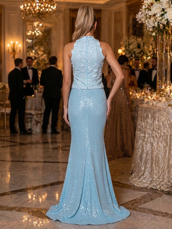 Sequin Mermaid Halter 3D Flowers Ruched Evening Dresses