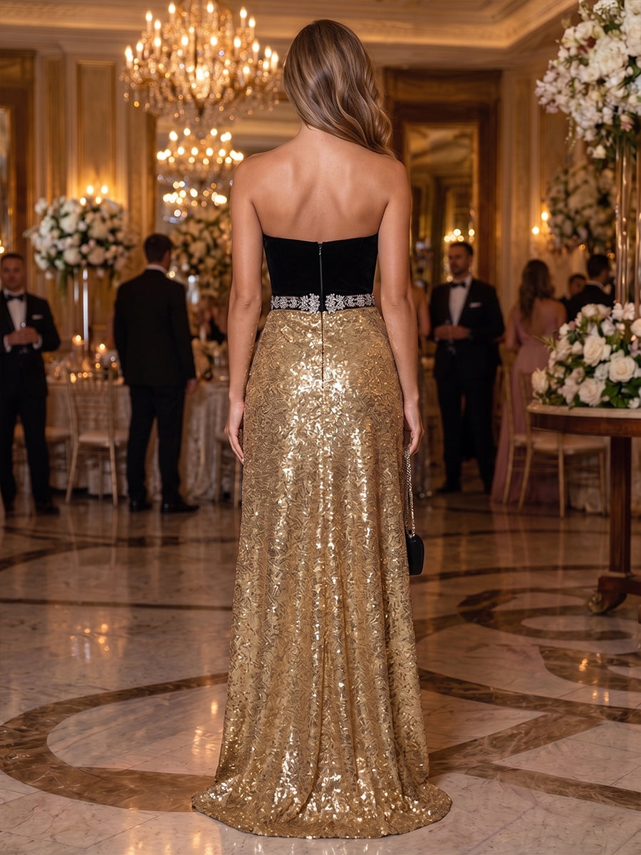 Sequin Mermaid Strapless Side Slit Ruched Evening Dresses