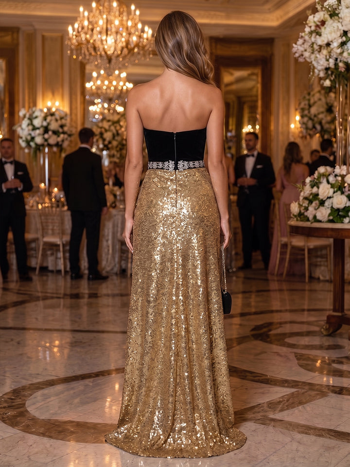Sequin Mermaid Strapless Side Slit Ruched Evening Dresses