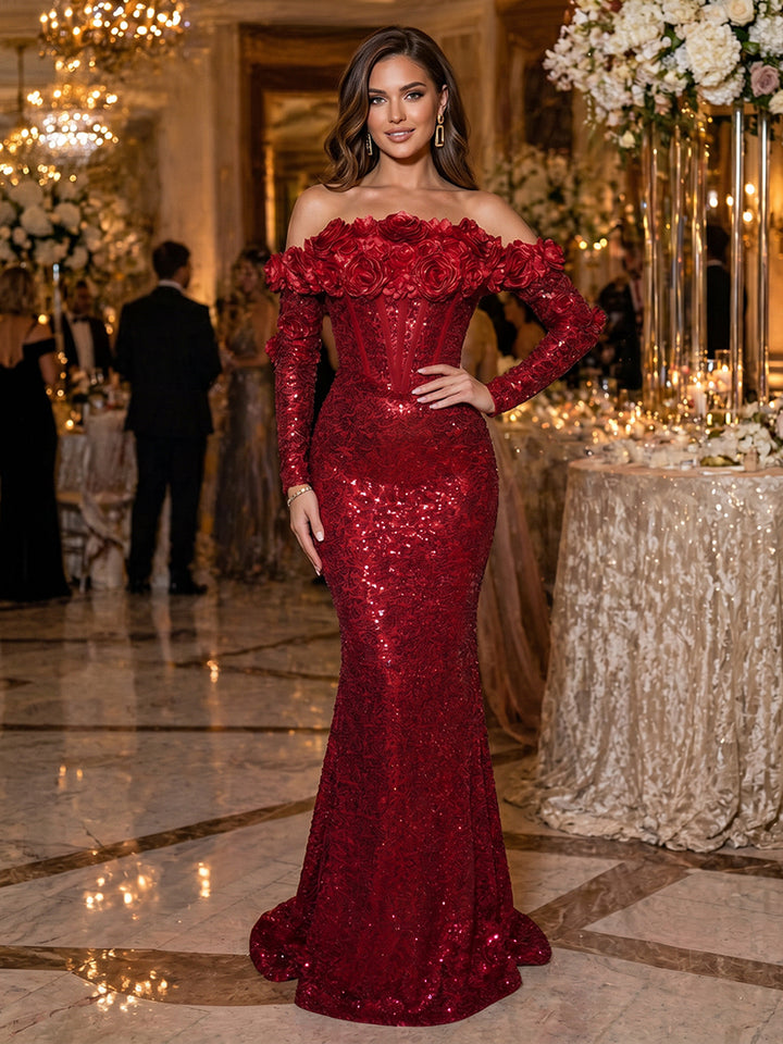 Sequin Mermaid Off the Shoulder 3D Flowers Ruched Evening Dresses