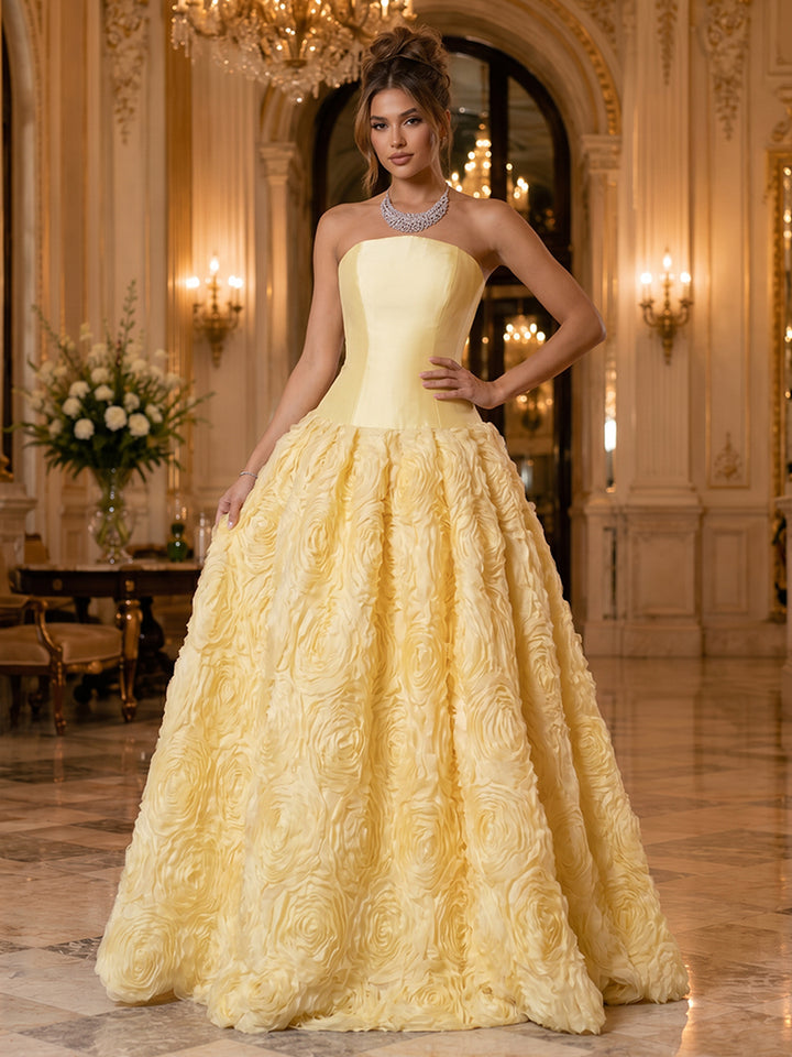 3D Flower Appliques A Line Strapless Pleats Ruched Evening Dresses