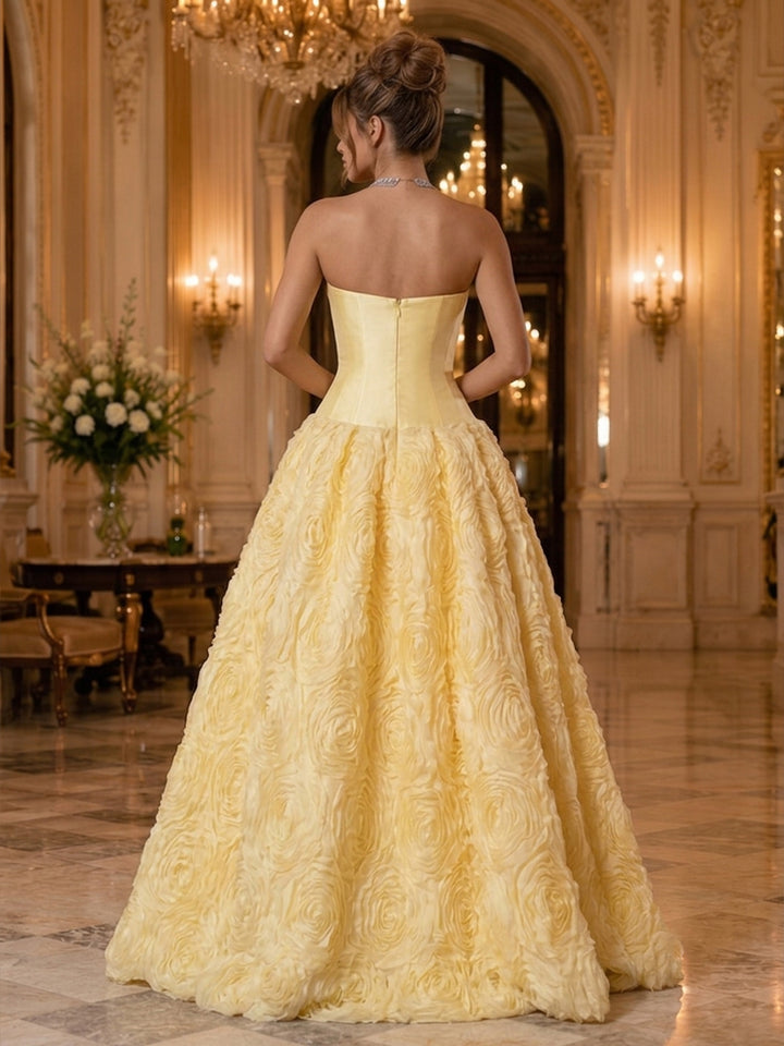 3D Flower Appliques A Line Strapless Pleats Ruched Evening Dresses