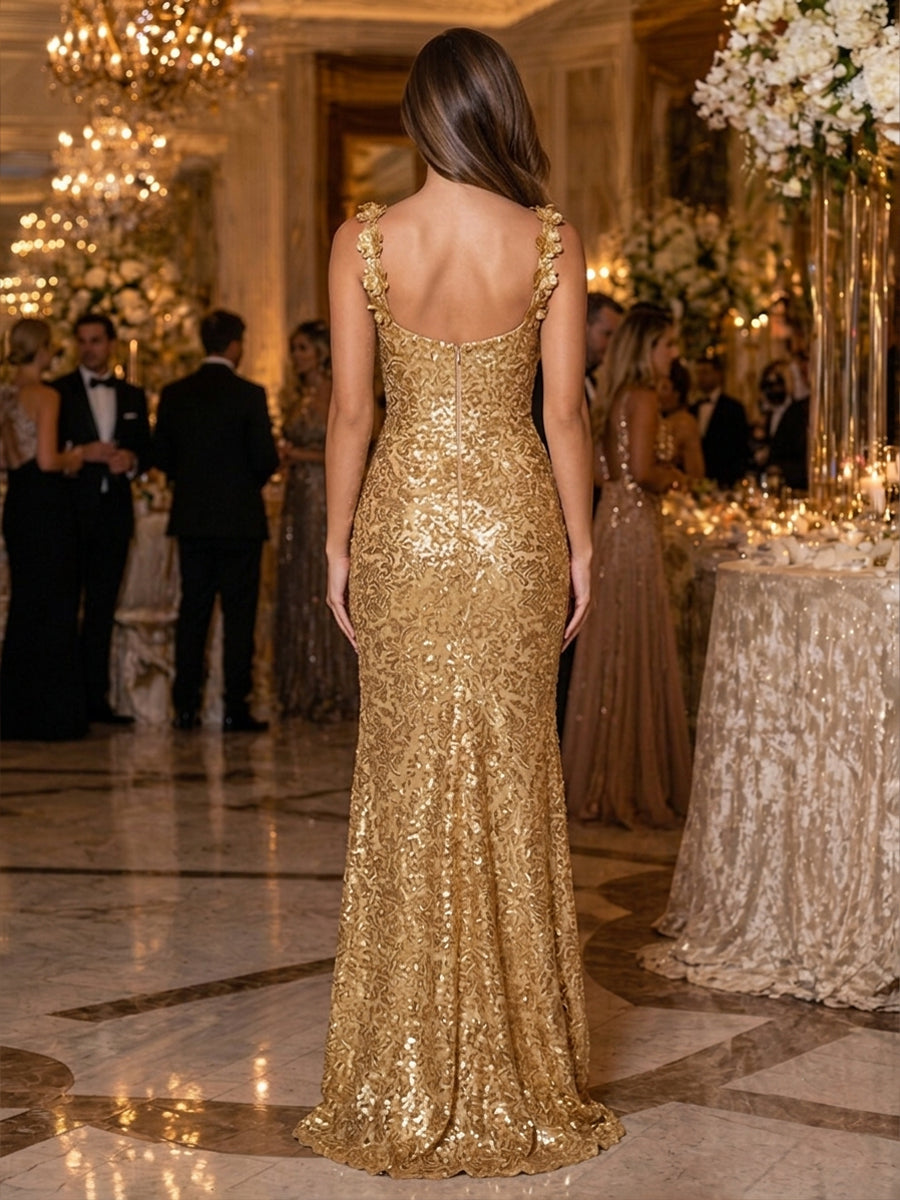 Sequin Sheath Sweetheart Side Slit Ruched Evening Dresses