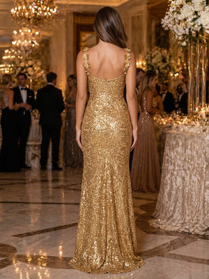 Sequin Sheath Sweetheart Side Slit Ruched Evening Dresses