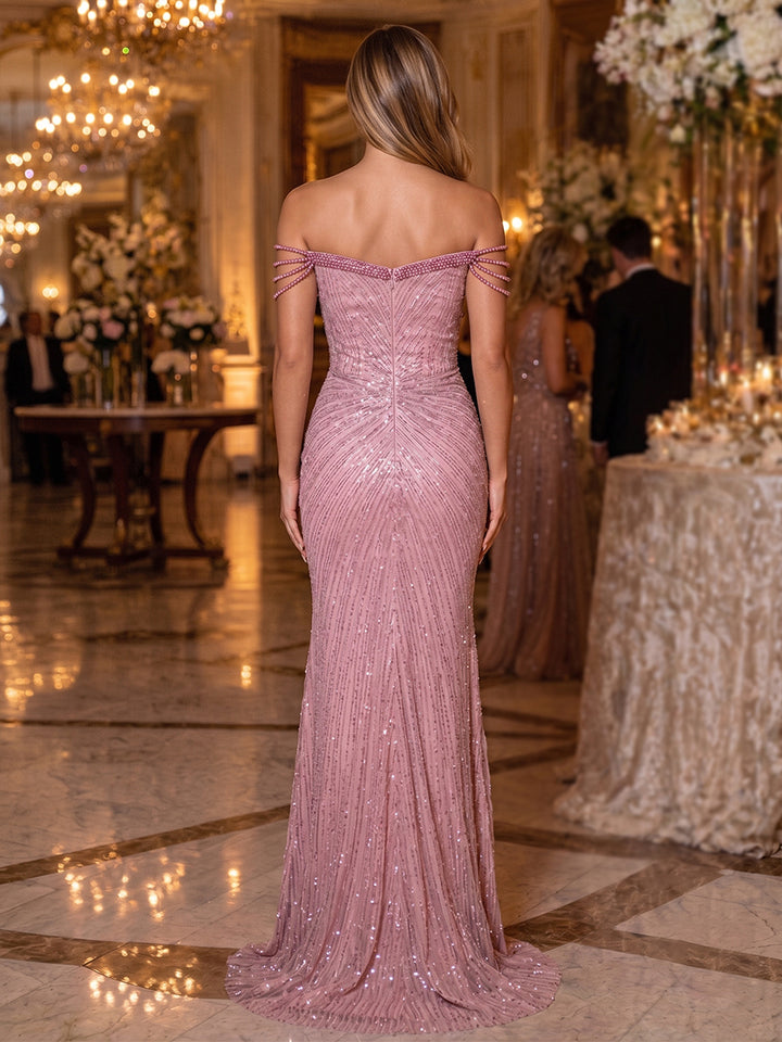 Sequin Mermaid Off the Shoulder Pearl Ruched Evening Dresses