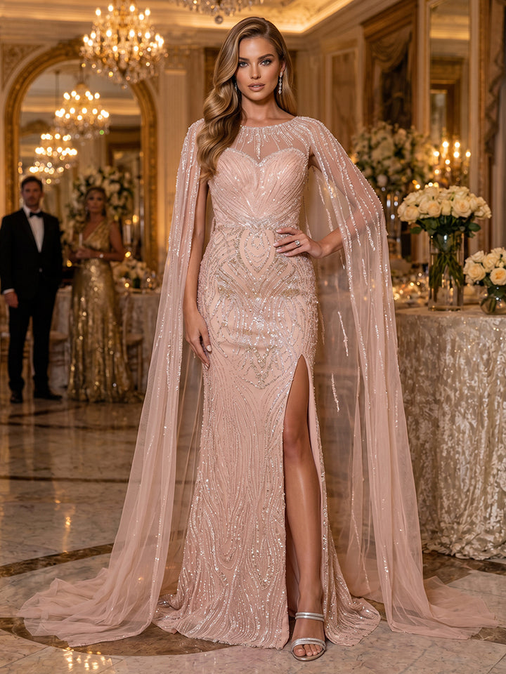Sequin Mermaid Scoop Neck Cape Ruched Evening Dresses