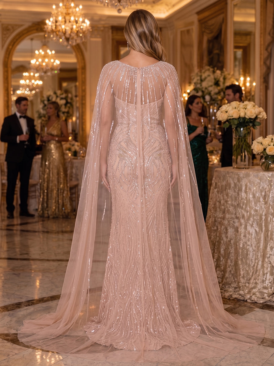 Sequin Mermaid Scoop Neck Cape Ruched Evening Dresses