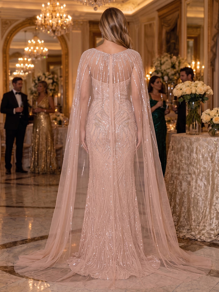 Sequin Mermaid Scoop Neck Cape Ruched Evening Dresses