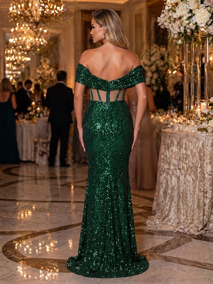 Sequin Mermaid Off the Shoulder Corset Ruched Evening Dresses